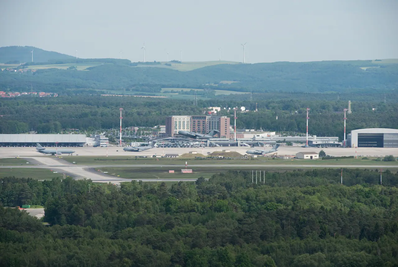 2019 aerial view of Ramstein Air Base showing runways and ramp space—illustrates the scale of the largest U.S. hub in Germany named in posture reporting, not a live order-of-battle or troop count from the frame.