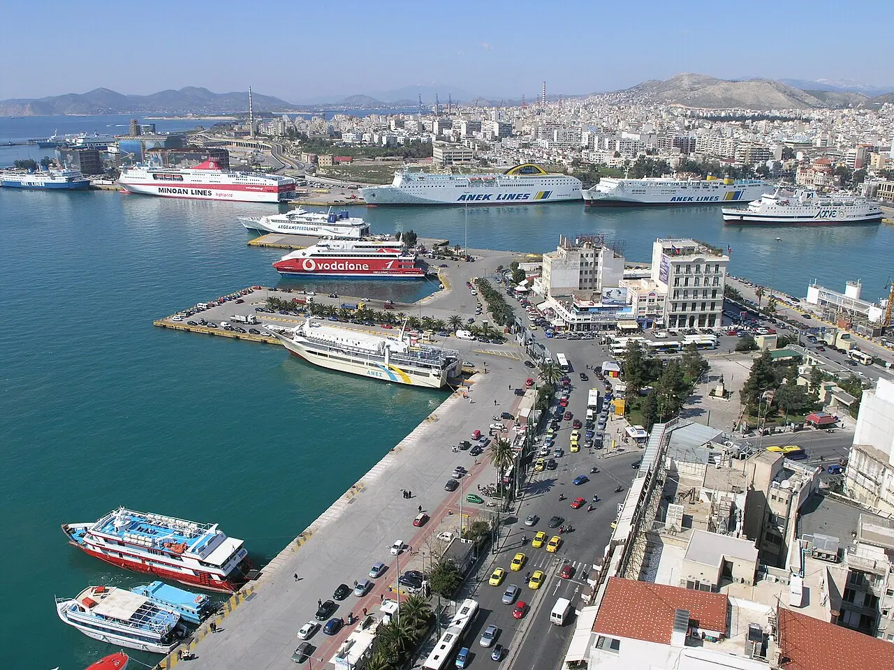 Panoramic view of the port of Piraeus near Athens, Greece, May 2011 (Wikimedia Commons photograph by Nikolaos Diakidis, CC BY-SA 3.0 DE)—major eastern Mediterranean hub context for disembarkation and consular logistics after high-seas interceptions off Crete; not the flotilla hulls, Israeli boarding footage, or a live May 2026 AIS plot.