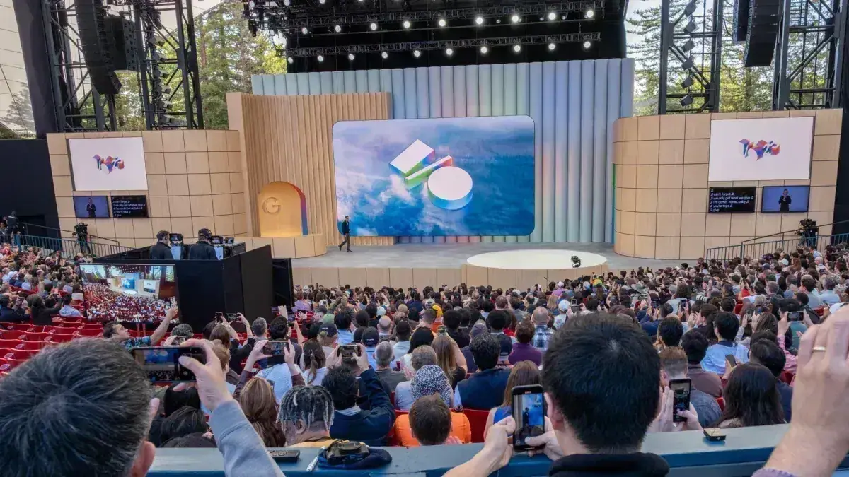 Google I/O–style stage branding image used as a general illustration for Google developer and AI product news; not a screenshot of Workspace CLI or OpenClaw.