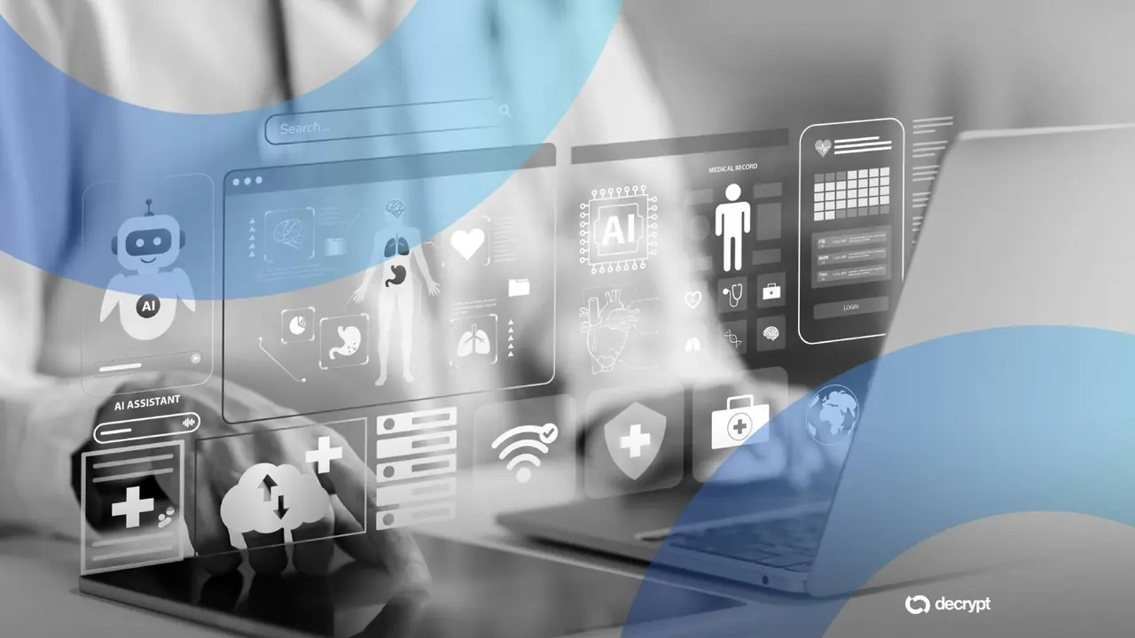 Decrypt editorial stock illustration labeled for AI and healthcare themes—not an anonymized patient CT slice, Mayo Clinic workstation capture, or pathology slide from the REDMOD validation cohort.