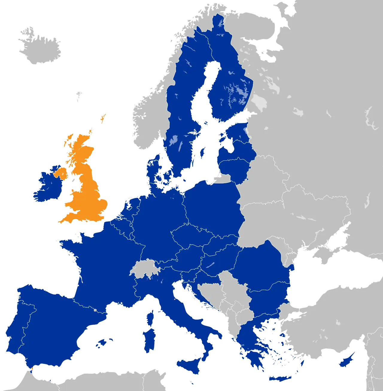 Schematic location map of the United Kingdom and the European Union (Wikimedia Commons)—geographic relationship only; not a treaty diagram, Brussels negotiating room, or May 2026 summit photograph.