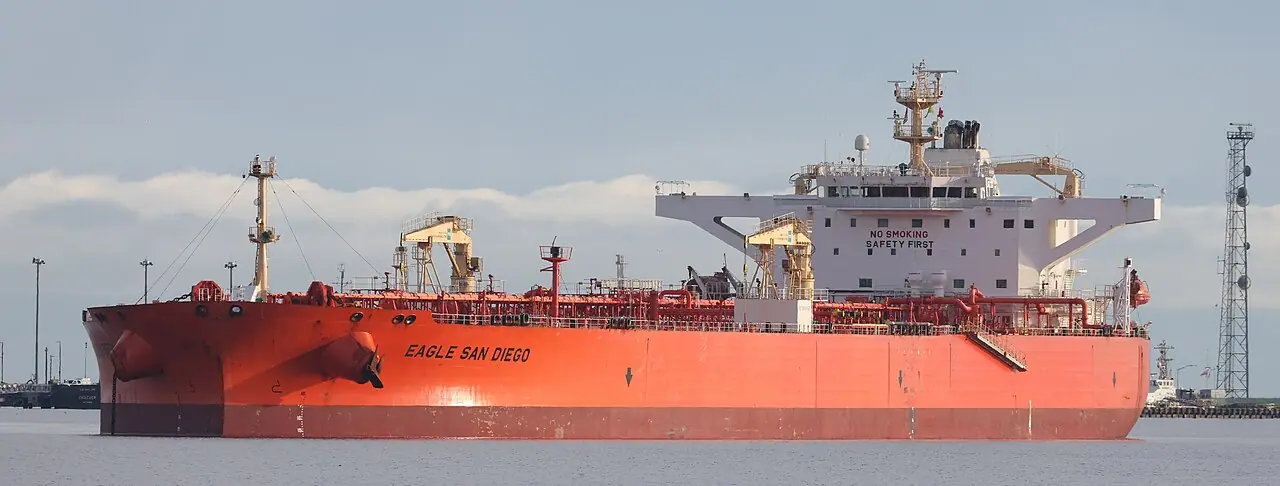 Photograph of the crude oil tanker Eagle San Diego underway—Wikimedia Commons file illustrating seaborne crude shipping, not a specific cargo, sanction, or vessel named in the Treasury waiver story.